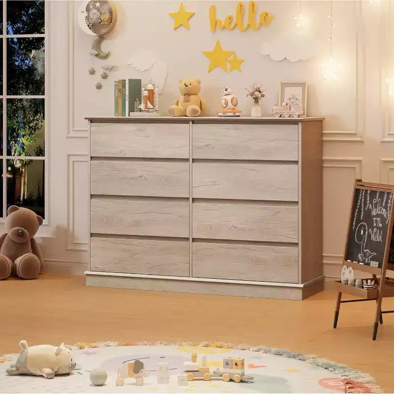 Acekool Commode 8 Tiroirs pour Chambre à Coucher, Grande Commode Double, Grande Commode Horizontale avec Tiroirs Profonds, Rangement Moderne pour Salon, Couloir, Chambre d'Enfant