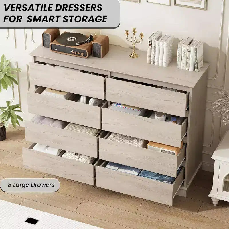 Acekool Commode 8 Tiroirs pour Chambre à Coucher, Grande Commode Double, Grande Commode Horizontale avec Tiroirs Profonds, Rangement Moderne pour Salon, Couloir, Chambre d'Enfant