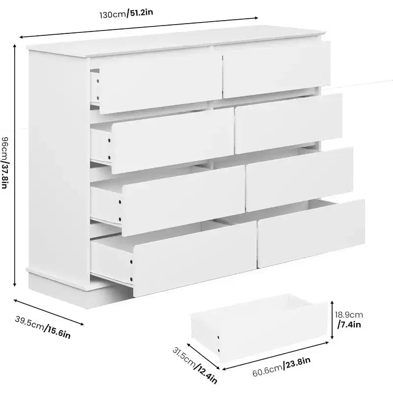Acekool Commode 8 Tiroirs pour Chambre à Coucher, Grande Commode Double, Grande Commode Horizontale avec Tiroirs Profonds, Rangement Moderne pour Salon, Couloir, Chambre d'Enfant