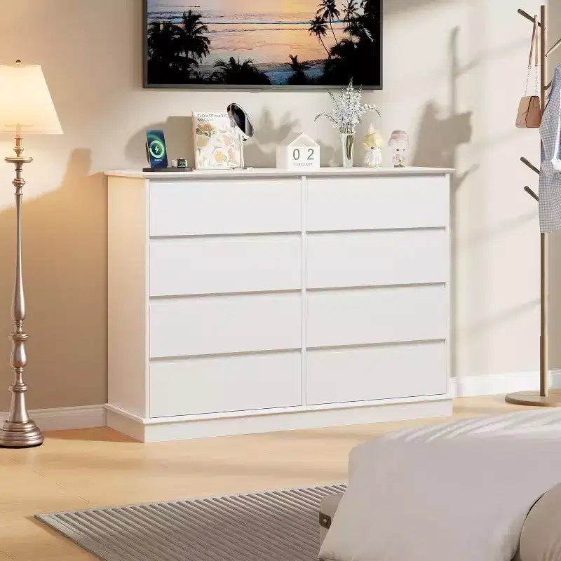 Acekool Commode 8 Tiroirs pour Chambre à Coucher, Grande Commode Double, Grande Commode Horizontale avec Tiroirs Profonds, Rangement Moderne pour Salon, Couloir, Chambre d'Enfant