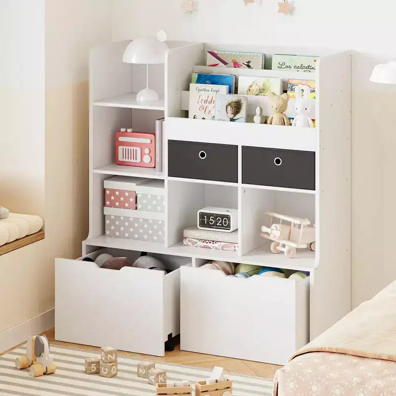 Étagère de rangement pour jouets d'enfants, bibliothèque en bois, étagère de rangement à 4 tiroirs pour livres et jouets, organisateur de rangement pour tout-petits pour chambre à coucher, salle de jeux