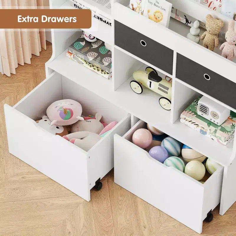 Étagère de rangement pour jouets d'enfants, bibliothèque en bois, étagère de rangement à 4 tiroirs pour livres et jouets, organisateur de rangement pour tout-petits pour chambre à coucher, salle de jeux