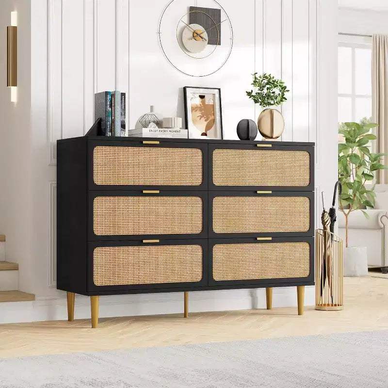 6-Drawer Rattan Dresser, Large Wooden Chest with Deep Drawers for Bedroom, Living Room, Closet, Hallway