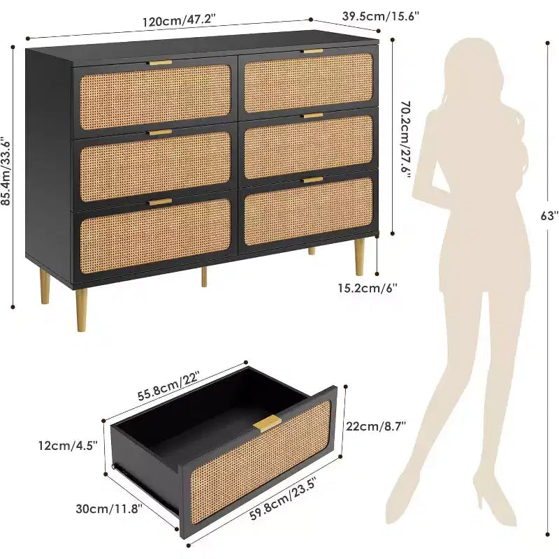 Commode 6 tiroirs en rotin, grande commode en bois avec tiroirs profonds pour chambre à coucher, salon, placard, couloir