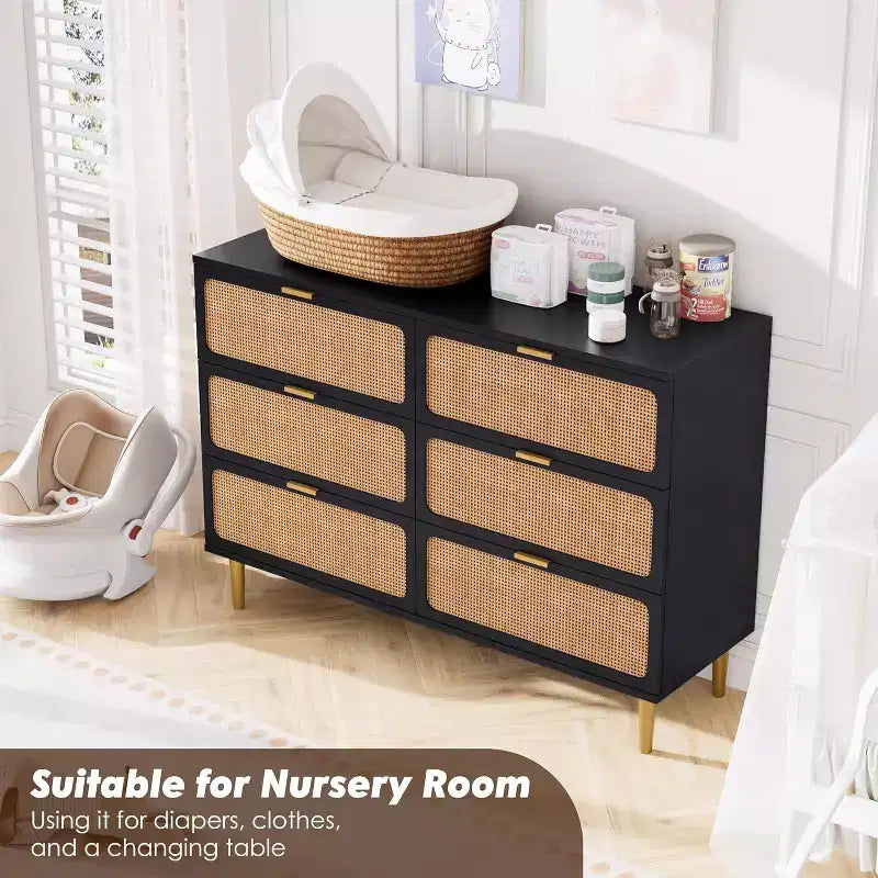 Commode 6 tiroirs en rotin, grande commode en bois avec tiroirs profonds pour chambre à coucher, salon, placard, couloir