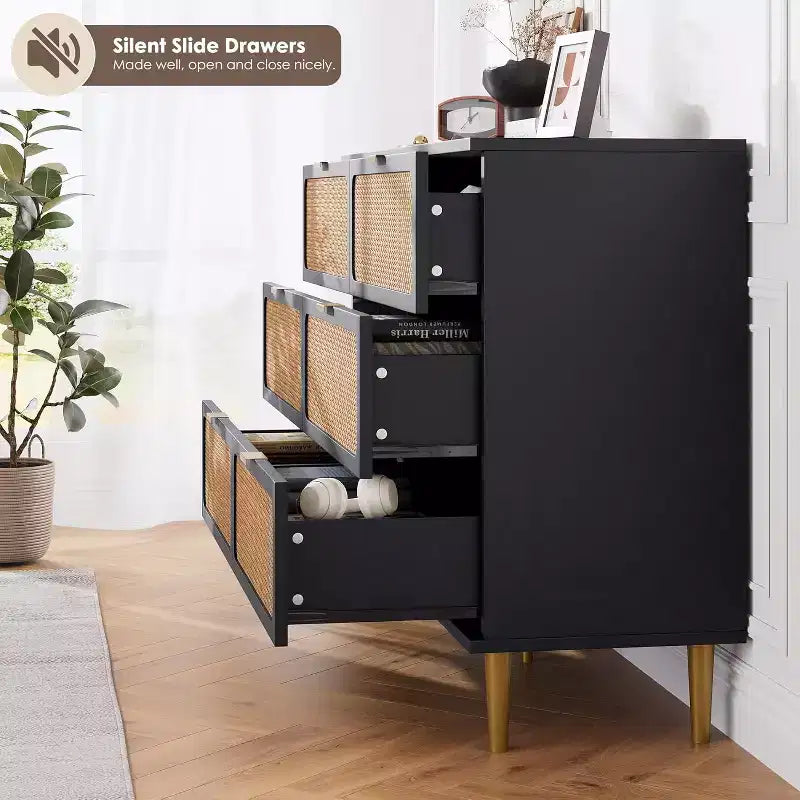 Commode 6 tiroirs en rotin, grande commode en bois avec tiroirs profonds pour chambre à coucher, salon, placard, couloir