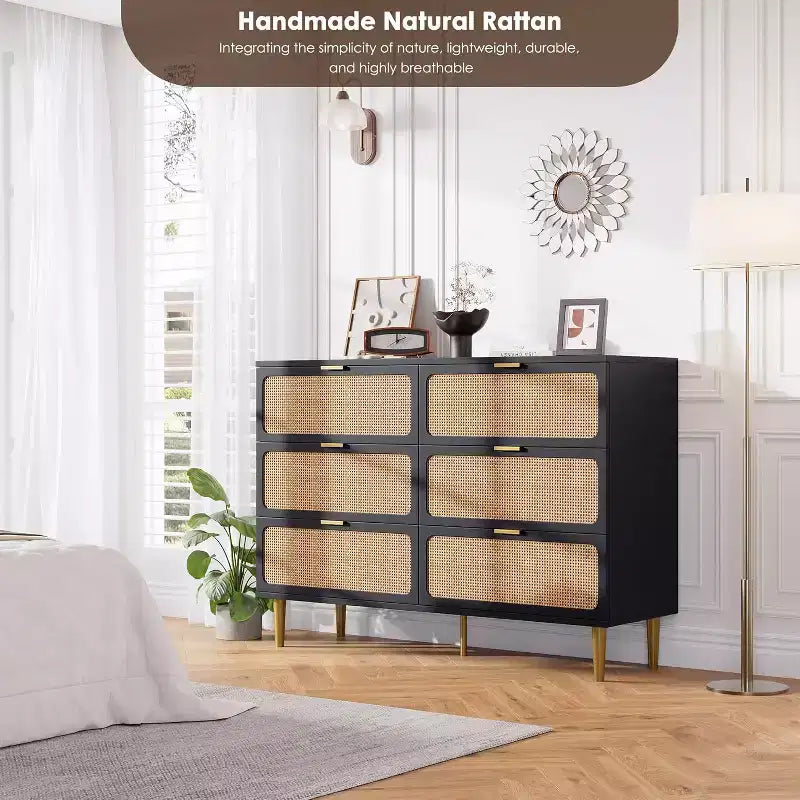 Commode 6 tiroirs en rotin, grande commode en bois avec tiroirs profonds pour chambre à coucher, salon, placard, couloir