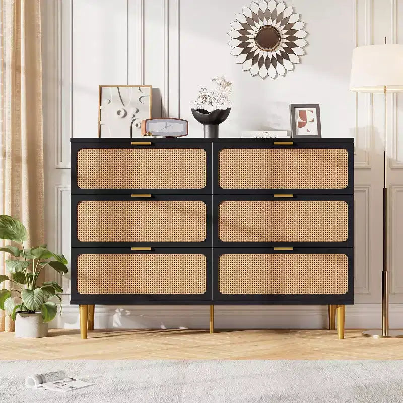 Commode 6 tiroirs en rotin, grande commode en bois avec tiroirs profonds pour chambre à coucher, salon, placard, couloir