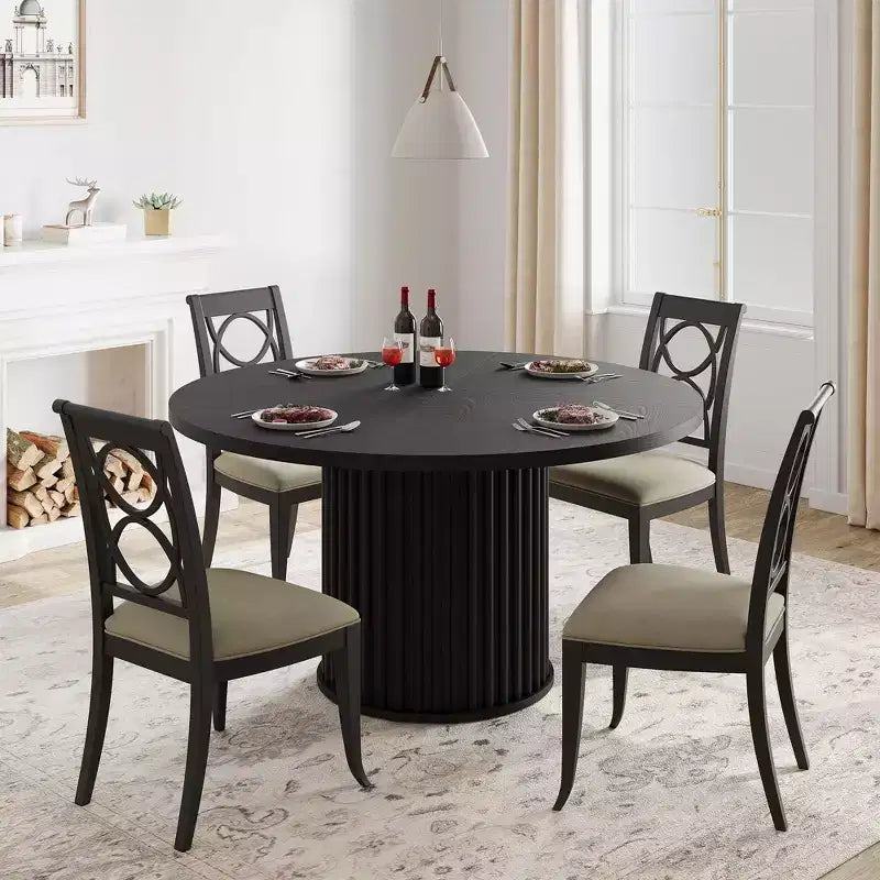 47Inch Round Dining Table for 4-6 People, Black Dining Room Table with Sturdy Waveform Metal Pedestal Base, Industrial Circle Kitchen Table