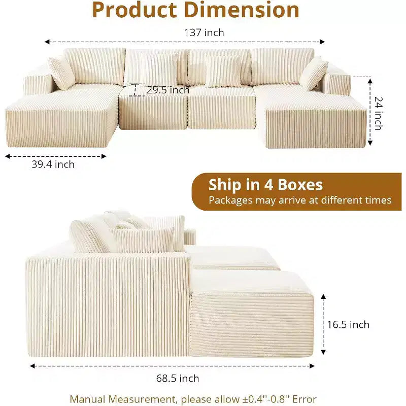 Canapé nuage en U surdimensionné, sectionnel modulaire en velours côtelé de 137 po avec méridienne, aucun assemblage requis, assise profonde, canapé en mousse à compression