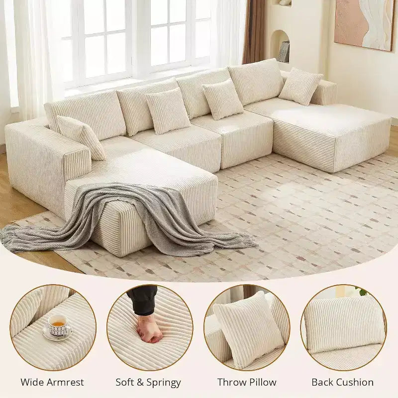 Canapé nuage en U surdimensionné, sectionnel modulaire en velours côtelé de 137 po avec méridienne, aucun assemblage requis, assise profonde, canapé en mousse à compression