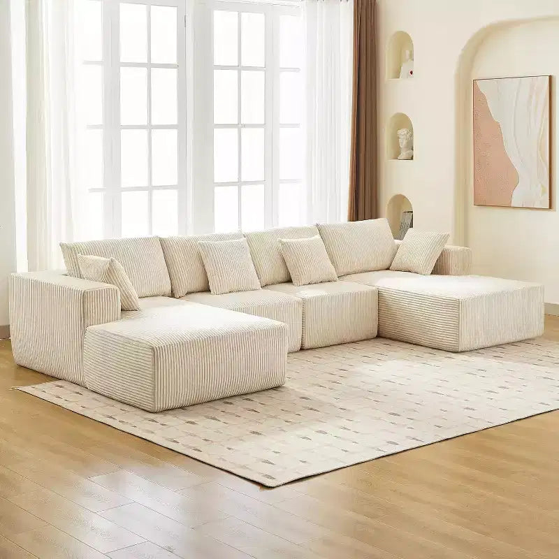 Canapé nuage en U surdimensionné, sectionnel modulaire en velours côtelé de 137 po avec méridienne, aucun assemblage requis, assise profonde, canapé en mousse à compression