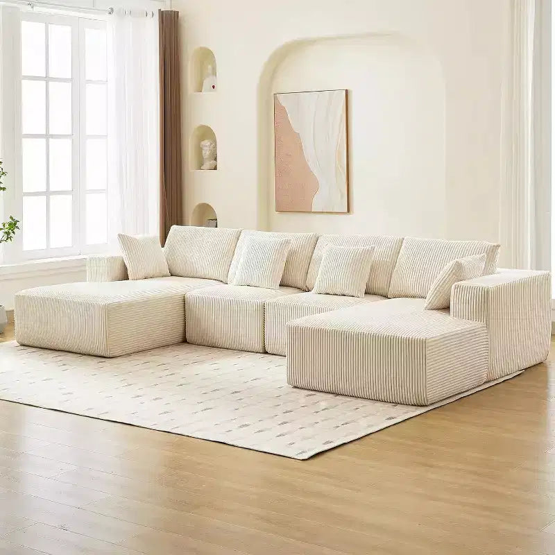 Canapé nuage en U surdimensionné, sectionnel modulaire en velours côtelé de 137 po avec méridienne, aucun assemblage requis, assise profonde, canapé en mousse à compression