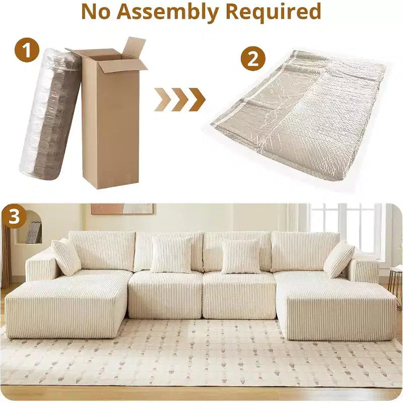 Canapé nuage en U surdimensionné, sectionnel modulaire en velours côtelé de 137 po avec méridienne, aucun assemblage requis, assise profonde, canapé en mousse à compression