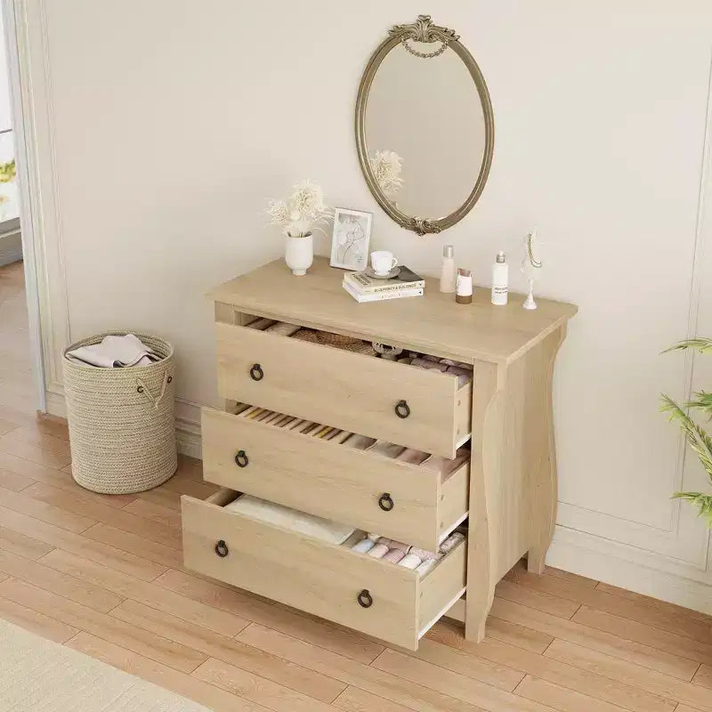 Commode à 3 tiroirs - Commode haute de style bohème avec pieds courbés, accents en rotin et rangement autoportant (76,2 L x 40,1 l x 74,4 H cm)