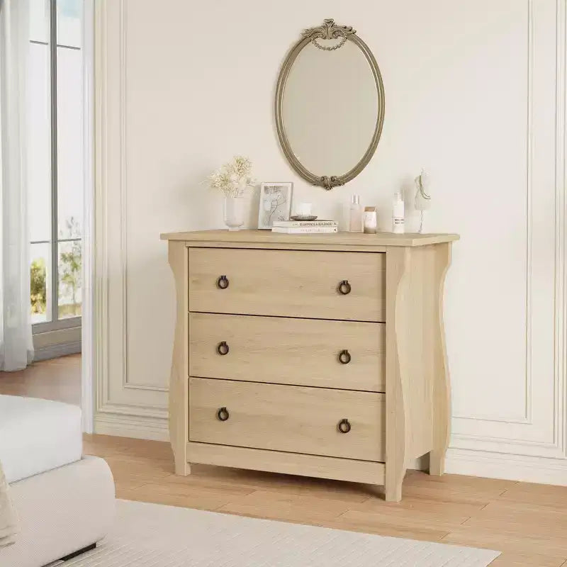 Commode à 3 tiroirs - Commode haute de style bohème avec pieds courbés, accents en rotin et rangement autoportant (76,2 L x 40,1 l x 74,4 H cm)