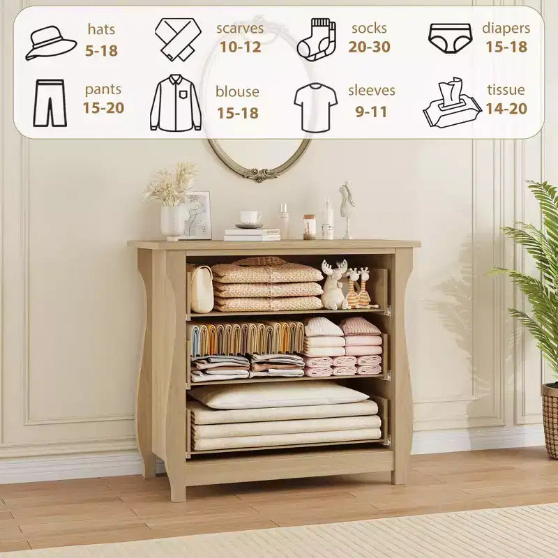 Commode à 3 tiroirs - Commode haute de style bohème avec pieds courbés, accents en rotin et rangement autoportant (76,2 L x 40,1 l x 74,4 H cm)