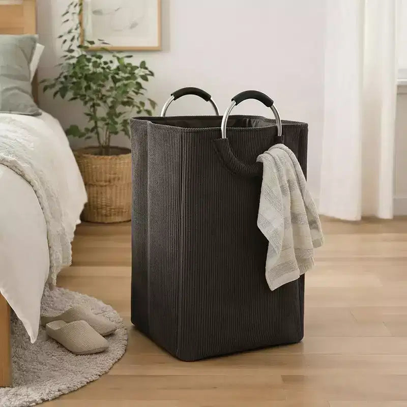 Evideco Articles de maison français Panier à linge en velours côtelé 55L Gris anthracite