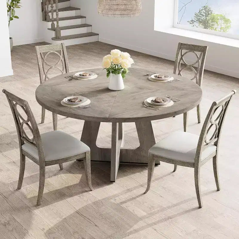 Table à manger ronde en MDF de 47 pouces pour 4 à 6 personnes, plateau et pieds en bois de style rustique, grande table de maison pour cuisine salon (sans chaises)