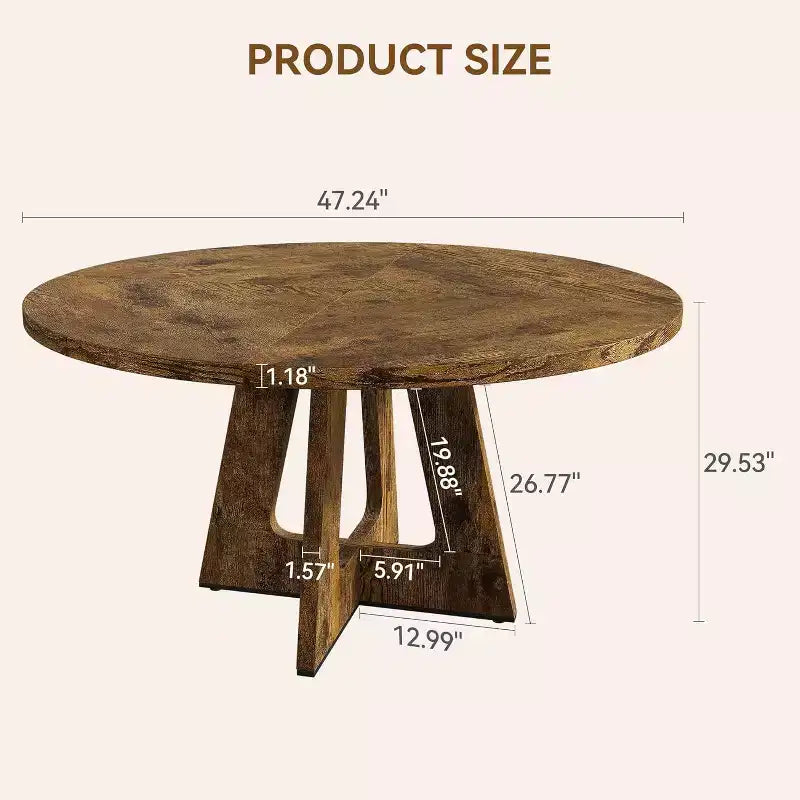 Table à manger ronde en MDF de 47 pouces pour 4 à 6 personnes, plateau et pieds en bois de style rustique, grande table de maison pour cuisine salon (sans chaises)