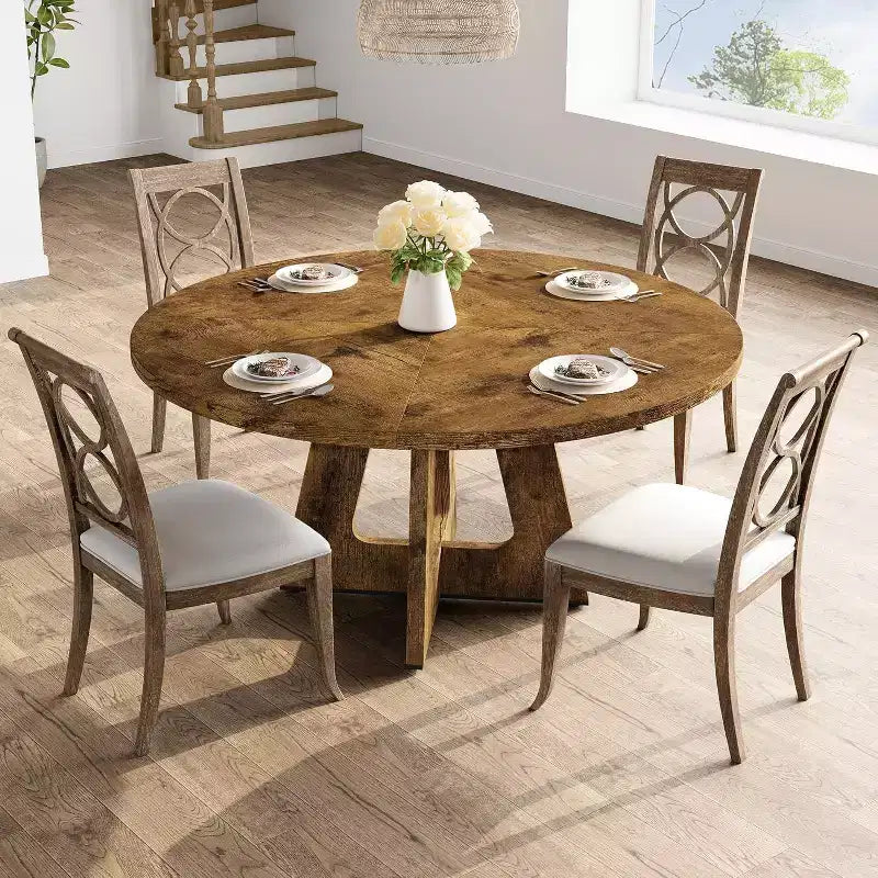 Table à manger ronde en MDF de 47 pouces pour 4 à 6 personnes, plateau et pieds en bois de style rustique, grande table de maison pour cuisine salon (sans chaises)