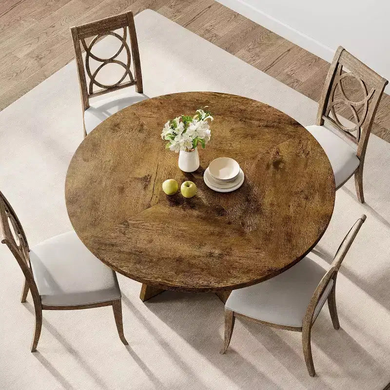 Table à manger ronde en MDF de 47 pouces pour 4 à 6 personnes, plateau et pieds en bois de style rustique, grande table de maison pour cuisine salon (sans chaises)