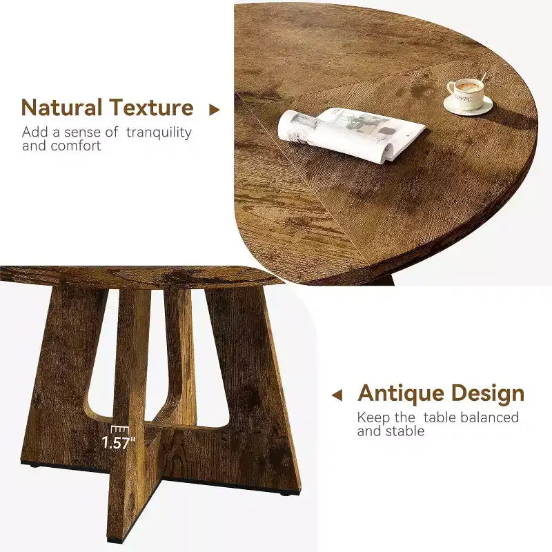 Table à manger ronde en MDF de 47 pouces pour 4 à 6 personnes, plateau et pieds en bois de style rustique, grande table de maison pour cuisine salon (sans chaises)