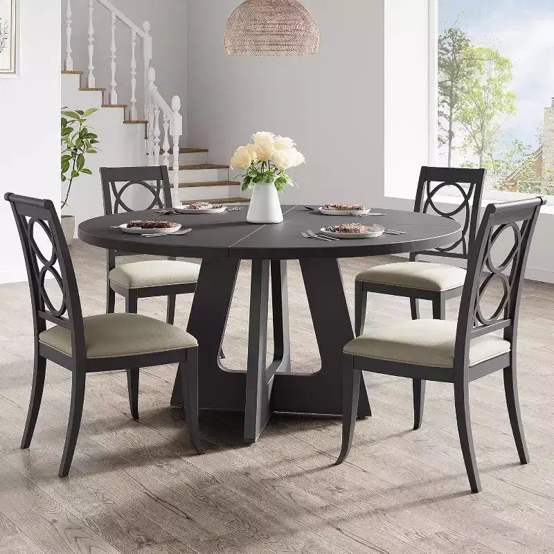 47 Round MDF Dining Table for 4-6, Farmhouse Style Wood Top & Legs, Large Home Table for Kitchen Living Room (No Chairs)