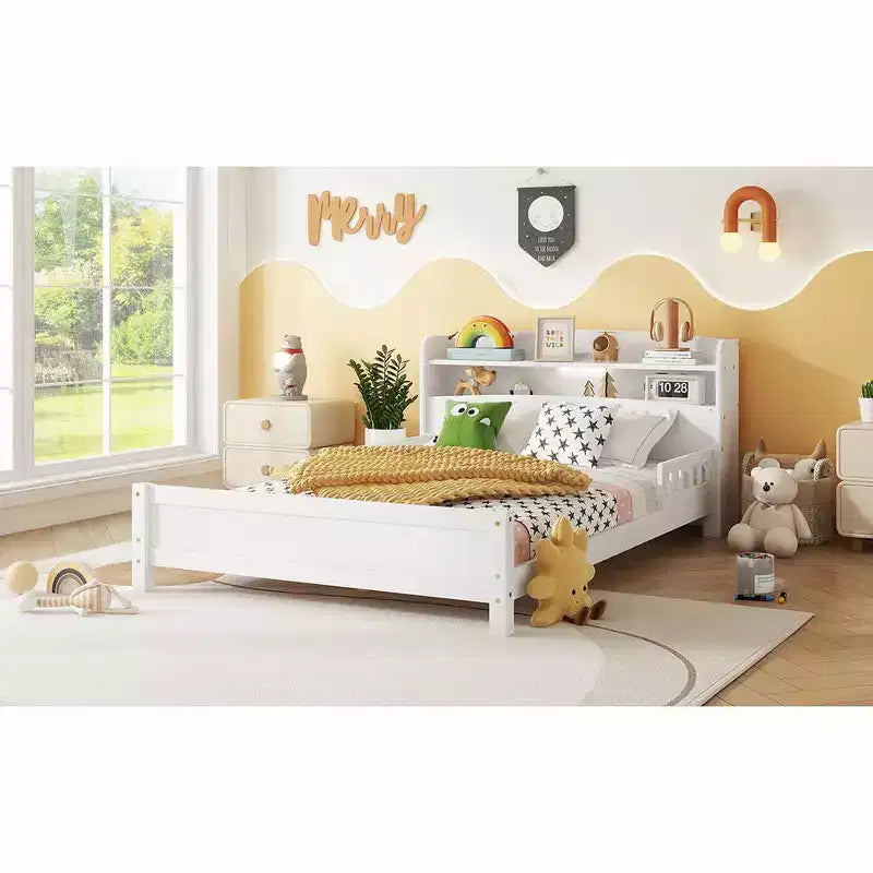 MAYEERTY Full Pine Wood Bed with Bookcase Headboard, Safety Guardrails White