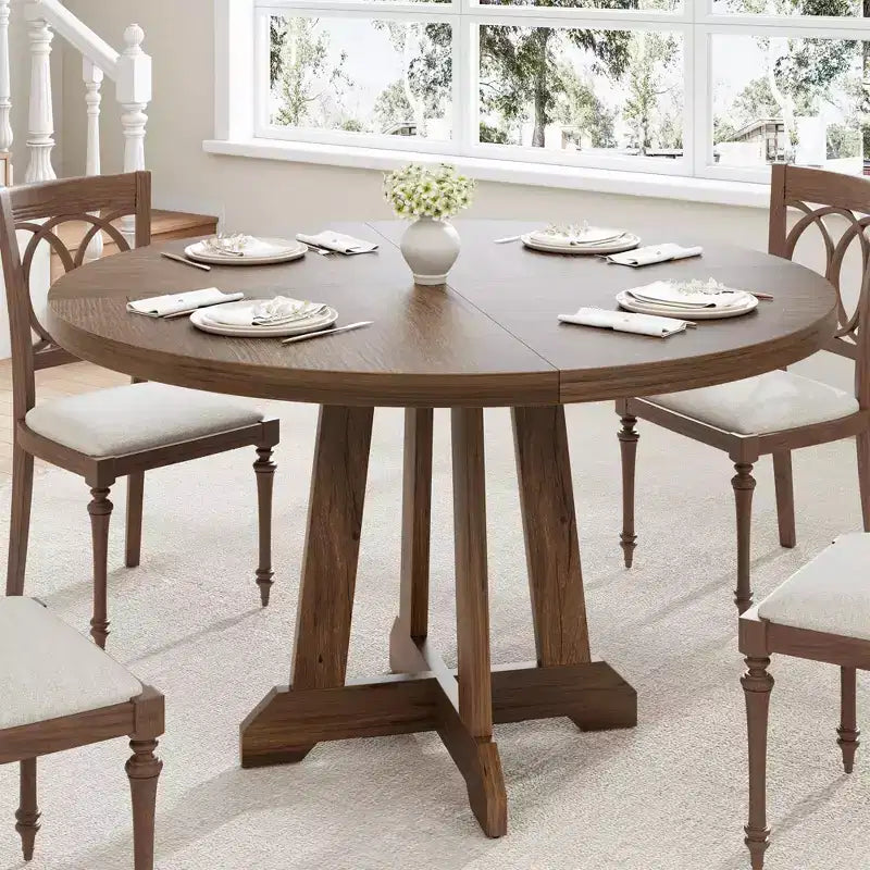 Round Dining Table for 4, 47 Inch Wooden Kitchen Table with Sturty Legs, Dining Room Table, Circle Table, Brown Dinner Table