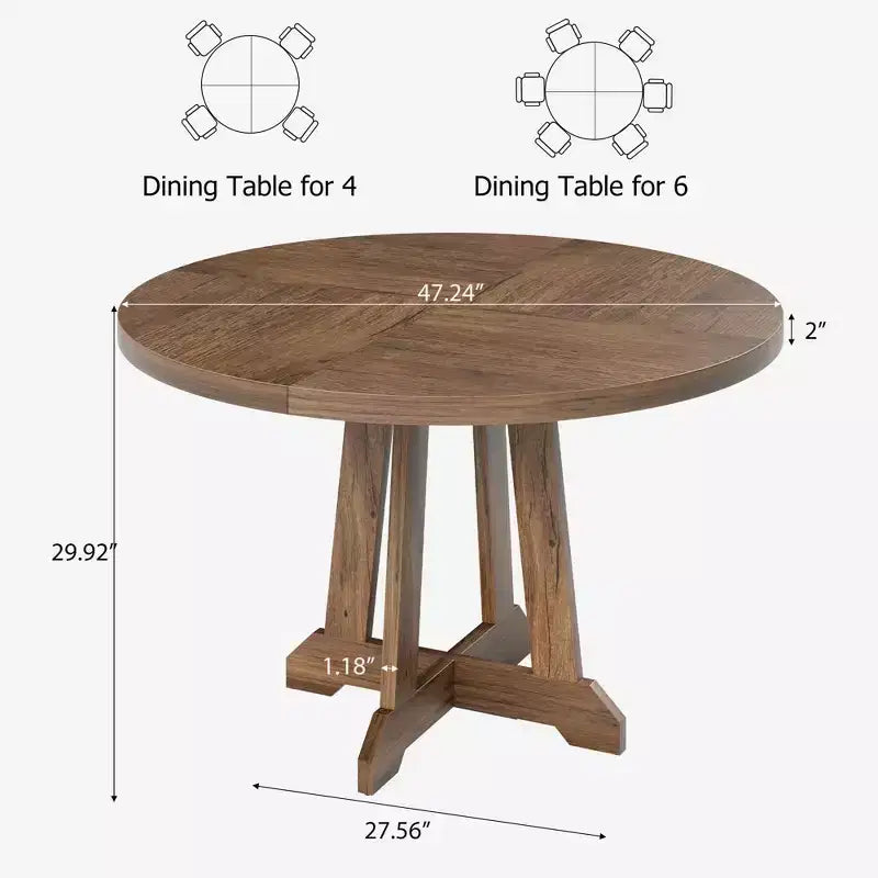 Table à manger ronde pour 4 personnes, table de cuisine en bois de 119 cm avec pieds robustes, table de salle à manger, table circulaire, table à dîner marron