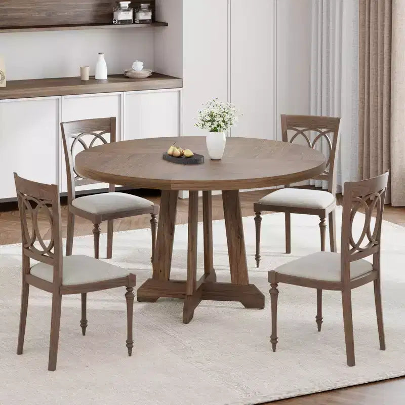 Table à manger ronde pour 4 personnes, table de cuisine en bois de 119 cm avec pieds robustes, table de salle à manger, table circulaire, table à dîner marron