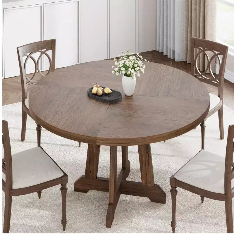 Table à manger ronde pour 4 personnes, table de cuisine en bois de 119 cm avec pieds robustes, table de salle à manger, table circulaire, table à dîner marron