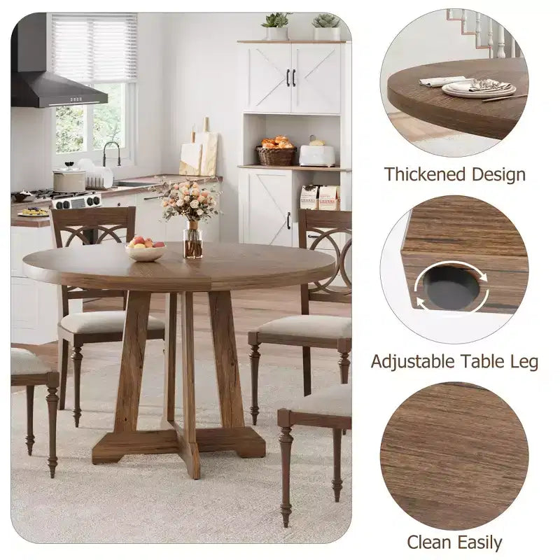 Table à manger ronde pour 4 personnes, table de cuisine en bois de 119 cm avec pieds robustes, table de salle à manger, table circulaire, table à dîner marron