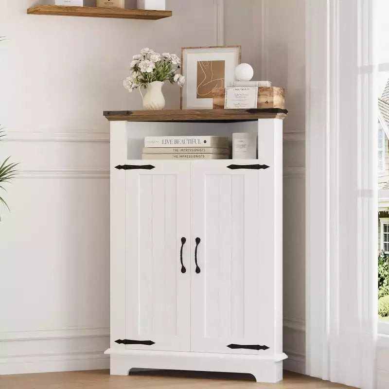 White Corner Storage Cabinet, Farmhouse Corner Organizer with Drawer and Doors, Small Space-Saving Accent Cabinet for Bathroom, Kitchen, Living Room