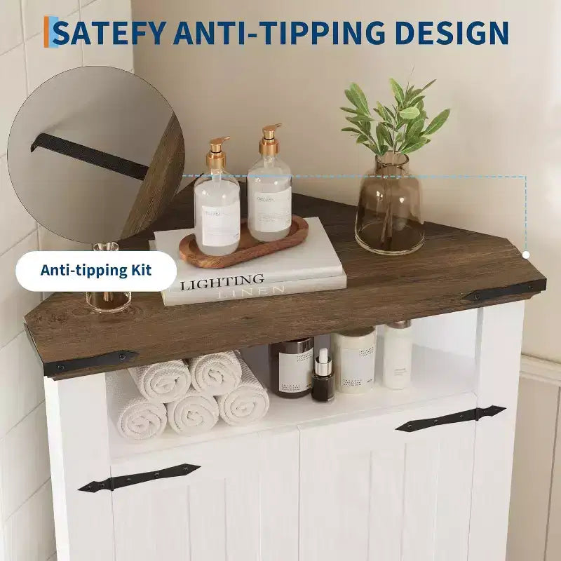 Meuble d'angle de rangement blanc, organisateur d'angle de style fermier avec tiroir et portes, petit meuble d'appoint compact pour salle de bain, cuisine, salon