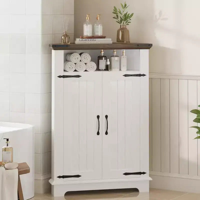 Meuble d'angle de rangement blanc, organisateur d'angle de style fermier avec tiroir et portes, petit meuble d'appoint compact pour salle de bain, cuisine, salon