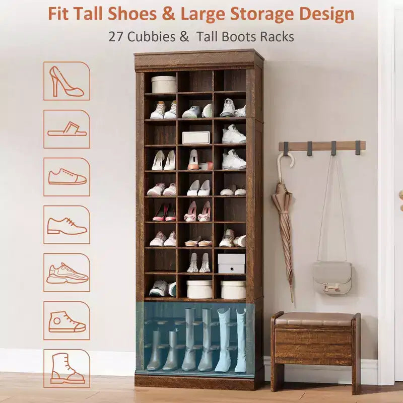Meuble à chaussures 10 niveaux avec 27 casiers et porte-bottes, organisateur de chaussures autoportant de 186 cm de haut pour entrée, placard, salon