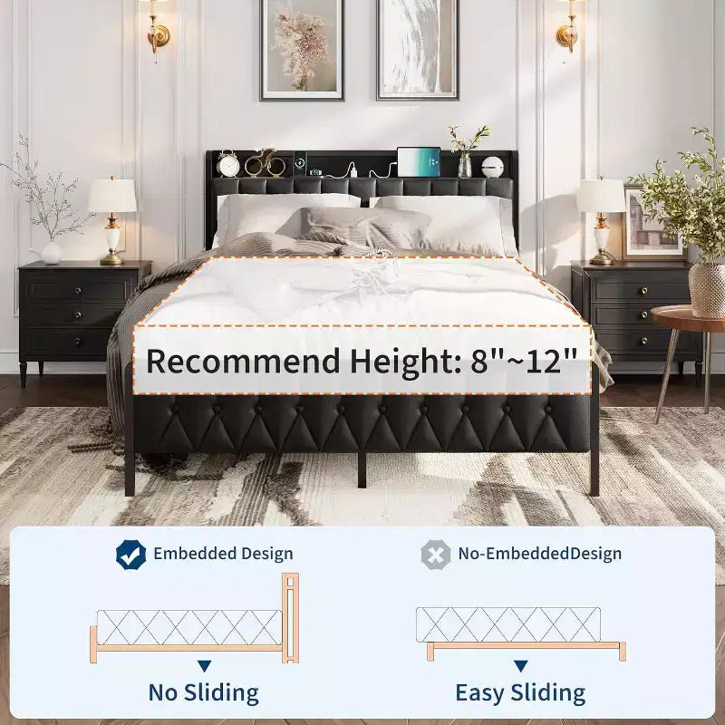 Cadre de lit double/grand lit/très grand lit avec station de recharge, lit plateforme en similicuir avec tête et pied de lit capitonnés, pas besoin de sommier tapissier, noir