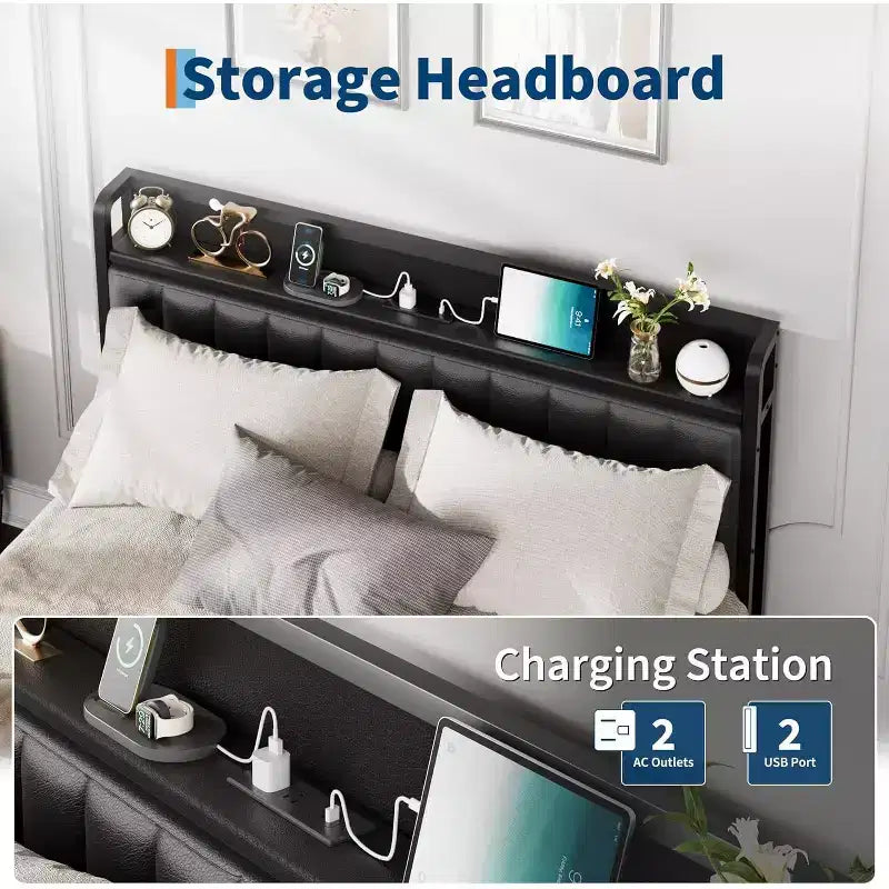 Cadre de lit double/grand lit/très grand lit avec station de recharge, lit plateforme en similicuir avec tête et pied de lit capitonnés, pas besoin de sommier tapissier, noir
