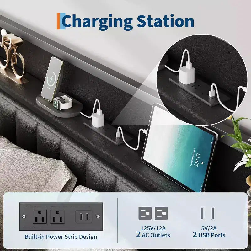 Cadre de lit double/grand lit/très grand lit avec station de recharge, lit plateforme en similicuir avec tête et pied de lit capitonnés, pas besoin de sommier tapissier, noir