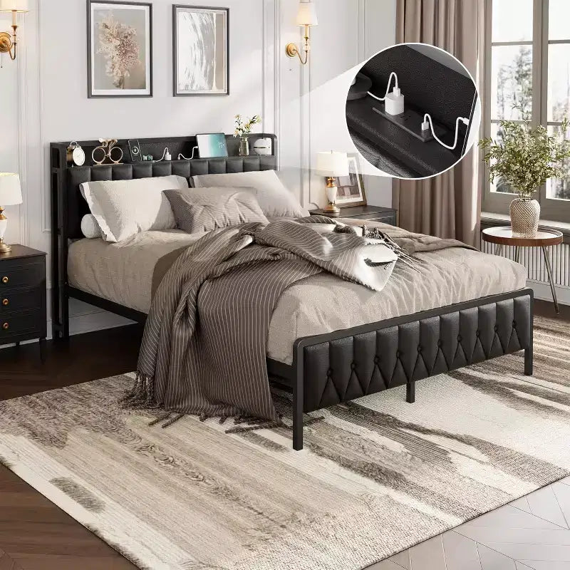 Cadre de lit double/grand lit/très grand lit avec station de recharge, lit plateforme en similicuir avec tête et pied de lit capitonnés, pas besoin de sommier tapissier, noir