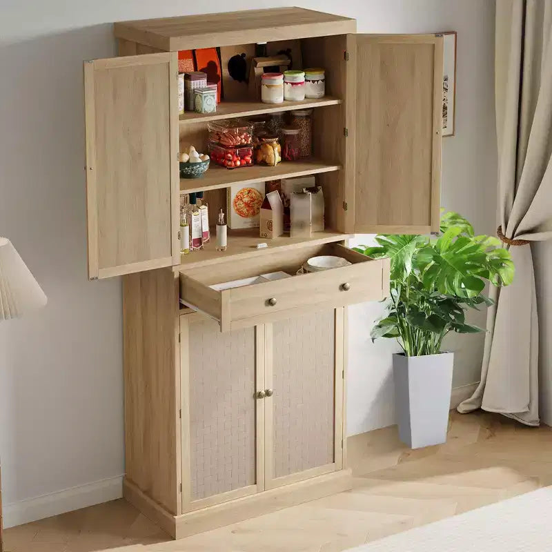 Armoire de cuisine indépendante de 183 cm, avec 4 portes en panneau tissé, 1 tiroir et 4 étagères réglables, buffet en bois pour salle à manger