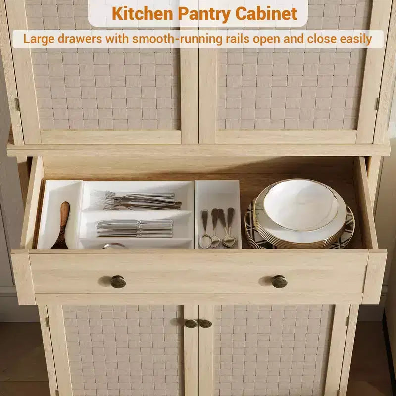 Armoire de cuisine indépendante de 183 cm, avec 4 portes en panneau tissé, 1 tiroir et 4 étagères réglables, buffet en bois pour salle à manger