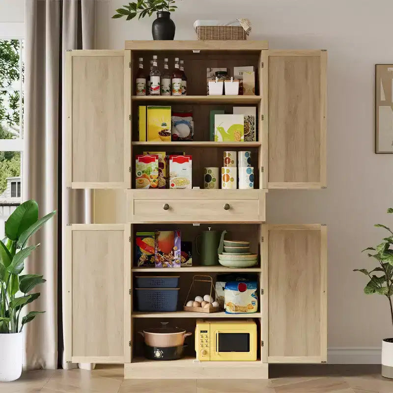 Armoire de cuisine indépendante de 183 cm, avec 4 portes en panneau tissé, 1 tiroir et 4 étagères réglables, buffet en bois pour salle à manger