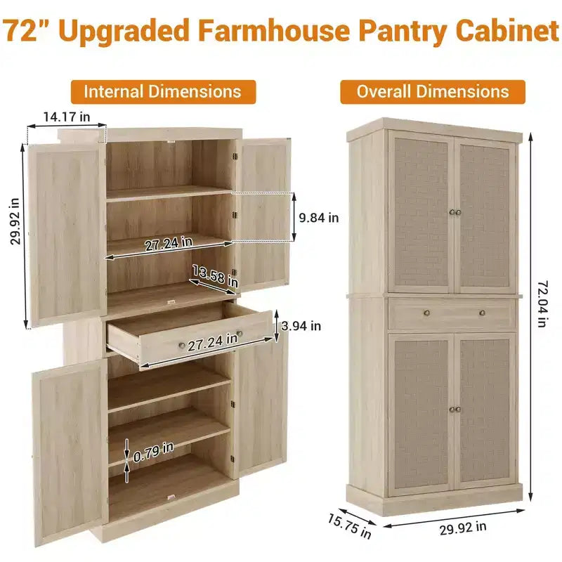 Armoire de cuisine indépendante de 183 cm, avec 4 portes en panneau tissé, 1 tiroir et 4 étagères réglables, buffet en bois pour salle à manger