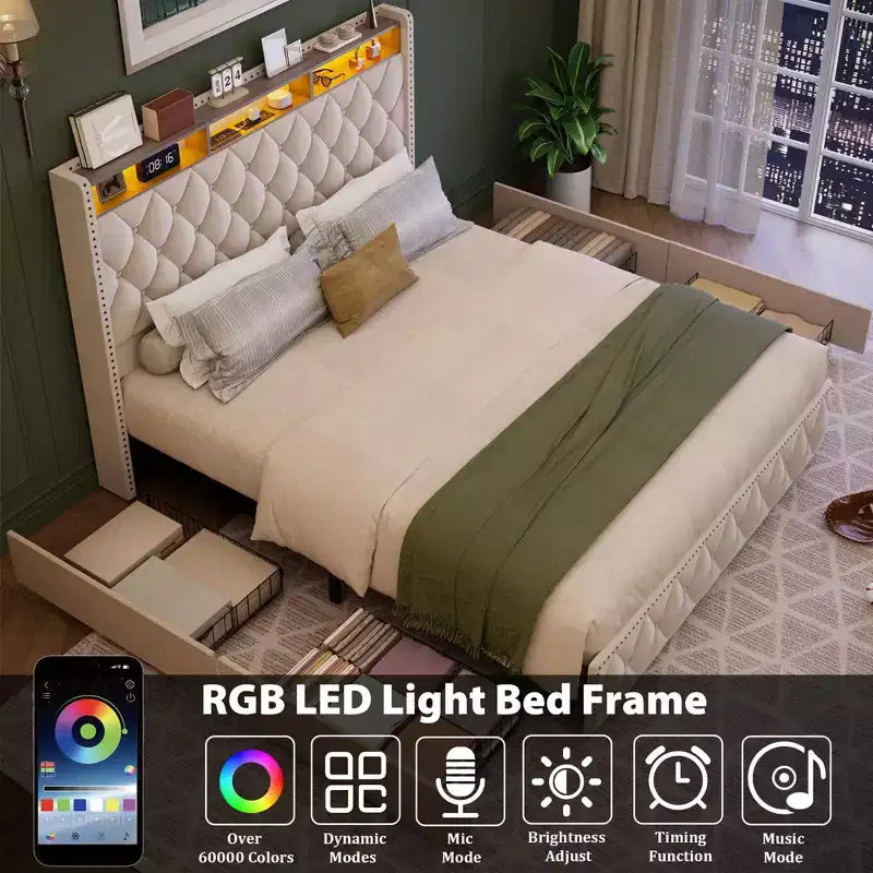 Cadre de lit rembourré en velours GustoWave avec tête de lit de 129 cm de hauteur, station de recharge USB, lumières LED