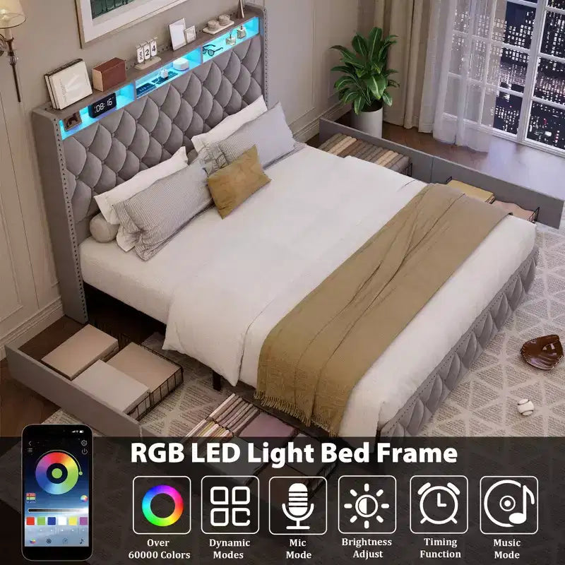 Cadre de lit rembourré en velours GustoWave avec tête de lit de 129 cm de hauteur, station de recharge USB, lumières LED