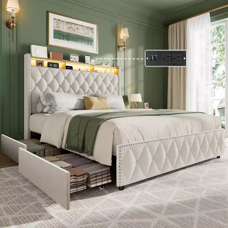 GustoWave Velvet Upholstered Bed Frame with 50.8 Tall Headboard, USB Charging Station, Led Lights