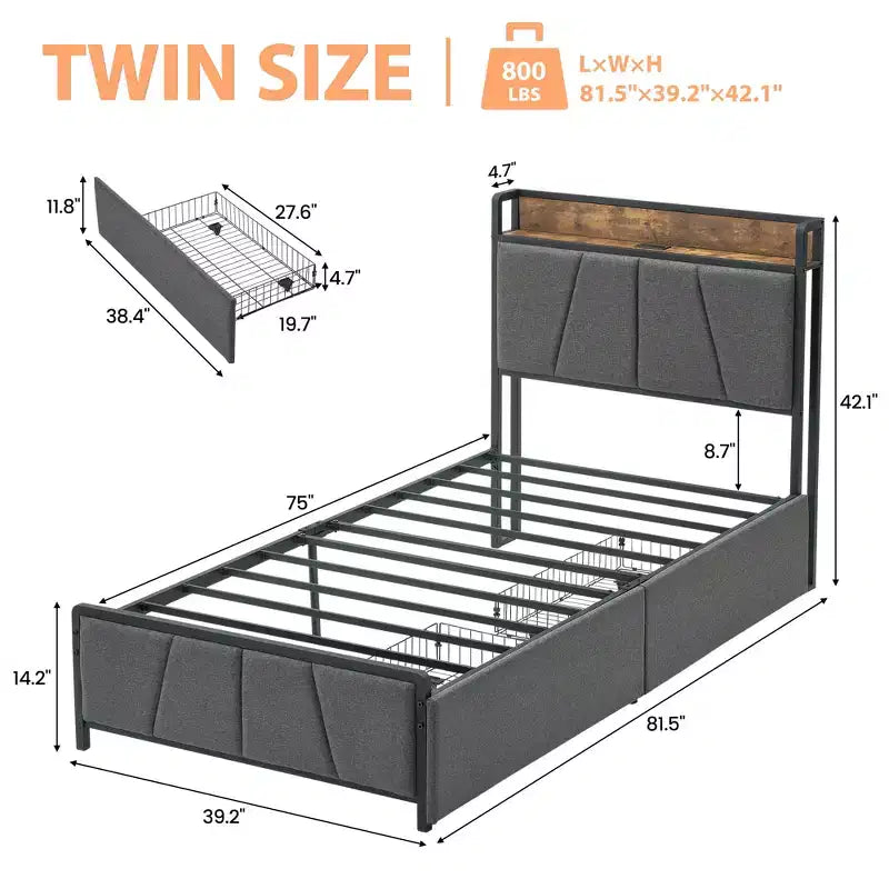 Bed Frame with 2 Storage Drawers, Linen Upholstered Platform Bed Frame with Storage Headboard and Charging Station, Easy to Assemble